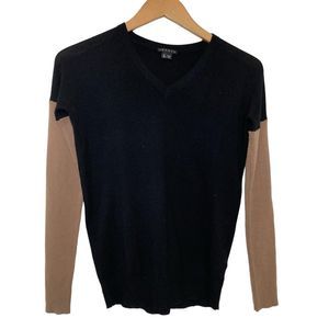 Theory 100% Cashmere Black Bodice Camel Sleeves V-Neck Sweater Size P /TP Soft